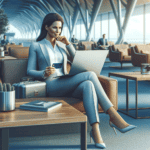 An image representation of: Voyced OfficeSIM Image of a relaxed business traveler in an airport lounge, sitting comfortably while using a laptop. The OfficeSIM card is visibly inserted in the laptop